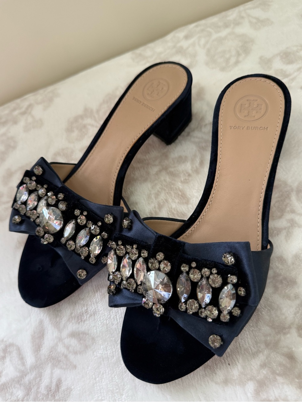 Tory Burch Valentina Bow Crystal Embellished Satin Block Heel Slide Sandals